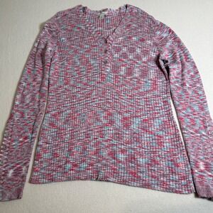 Sundance Womens XL Button Henley Top Pink Blue‎ White Ribbed Knit Long Sleeve